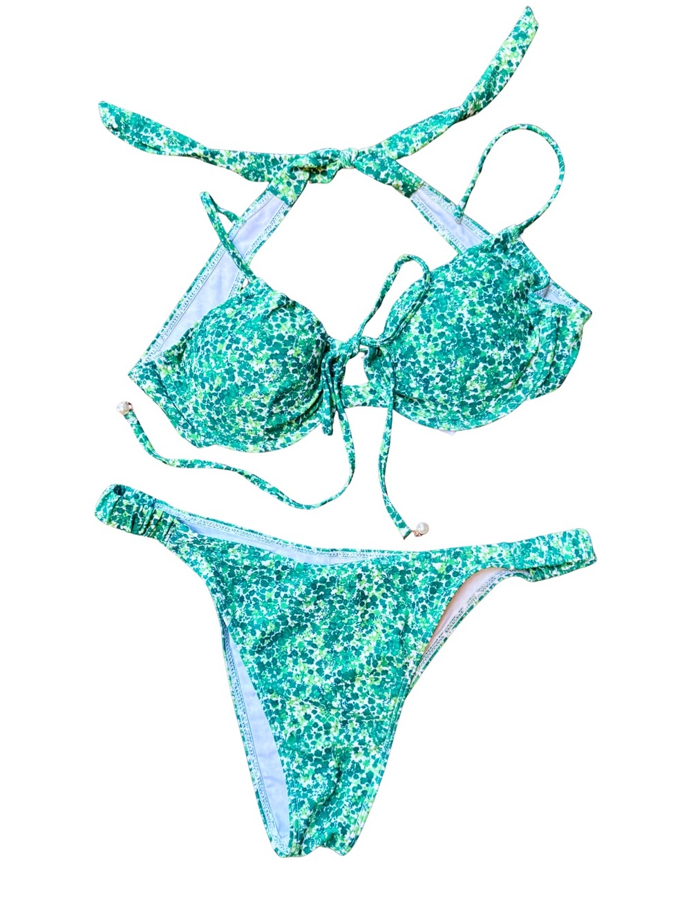 Green Floral Tie-Front Bikini Set - Women Swim Size XL